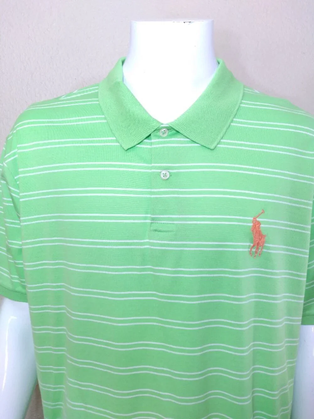 POLO RALPH LAUREN XXL Green WHITE Stripes ORANGE BIG PONY 2XL RL Golf MENS Vtg